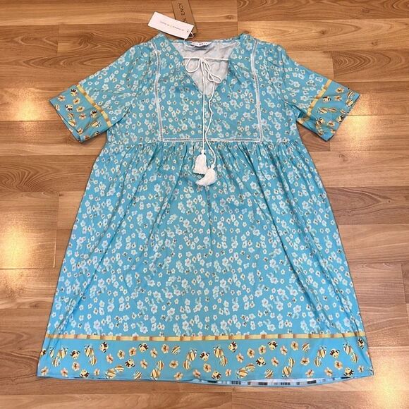 NWT Tendency Bee and Floral Blue Smock Tunic Dress Women’s Medium - Picture 1 of 5